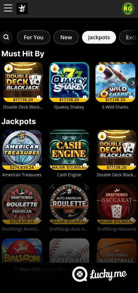 A screenshot of the mobile casino games library page for DraftKings