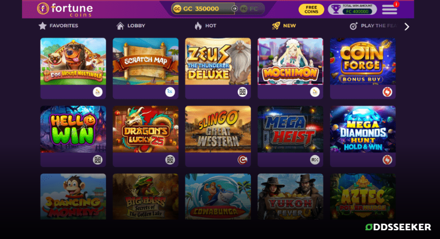 A screenshot of the desktop casino games library page for Fortune Coins