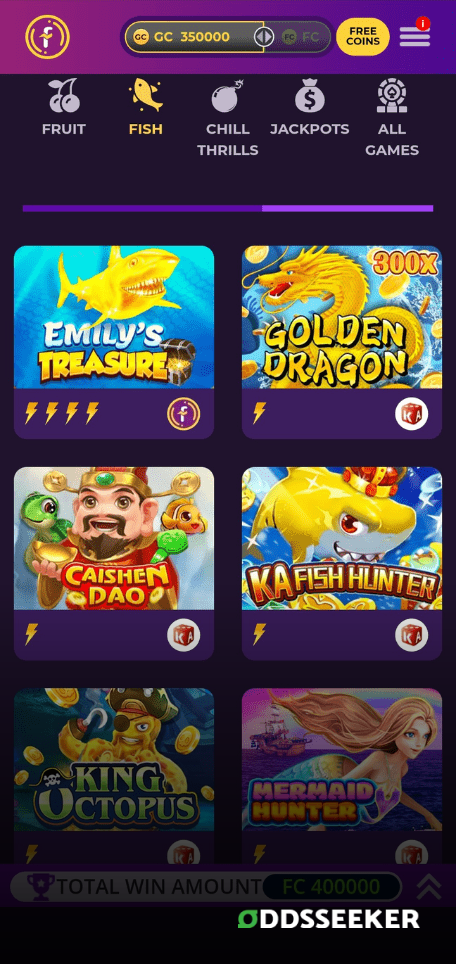 A screenshot of the mobile casino games library page for Fortune Coins