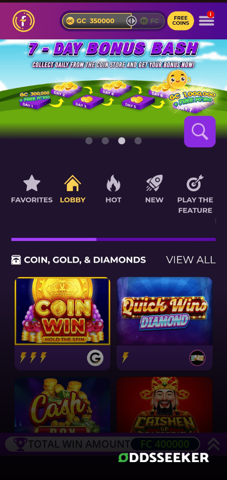 A screenshot of the mobile login page for Fortune Coins