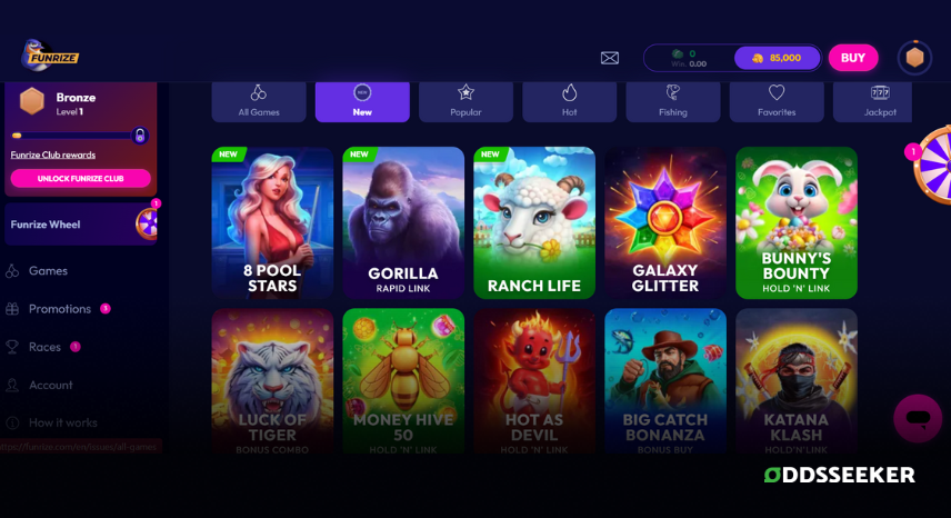 A screenshot of the desktop casino games library page for Funrize Casino