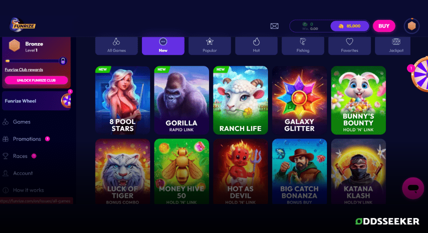 A screenshot of the desktop casino games library page for Funrize Casino