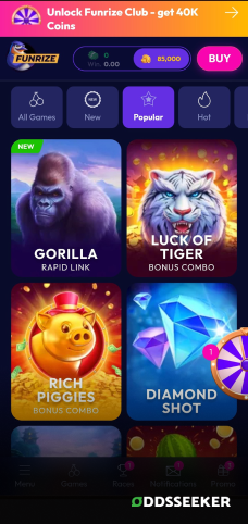 A screenshot of the mobile casino games library page for Funrize Casino