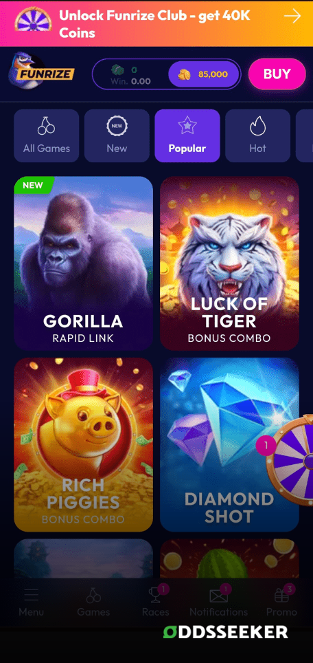 A screenshot of the mobile casino games library page for Funrize Casino