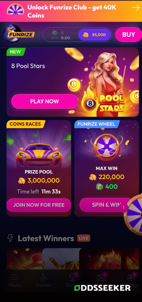 A screenshot of the mobile login page for Funrize Casino