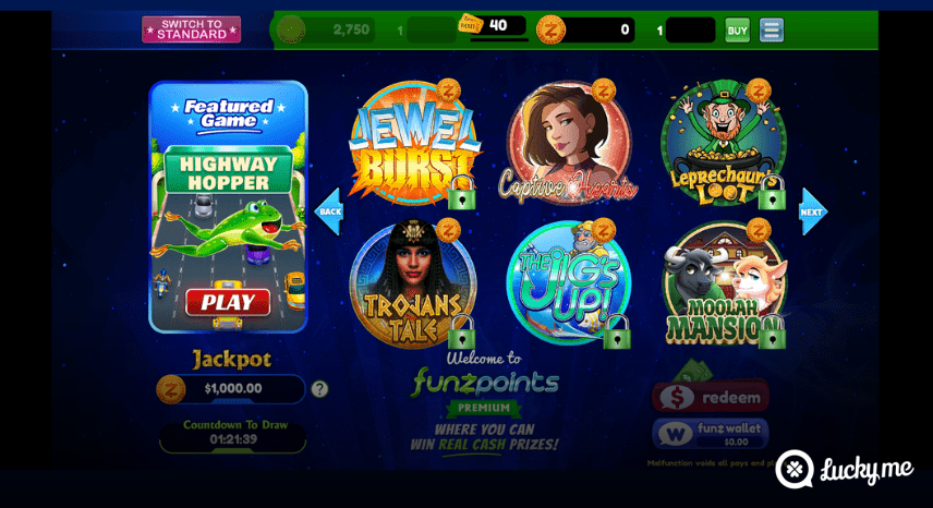 A screenshot of the desktop casino games library page for Funzpoints