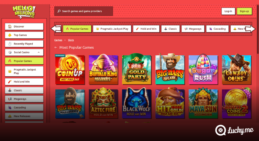 A screenshot of the desktop casino games library page for Hello Millions