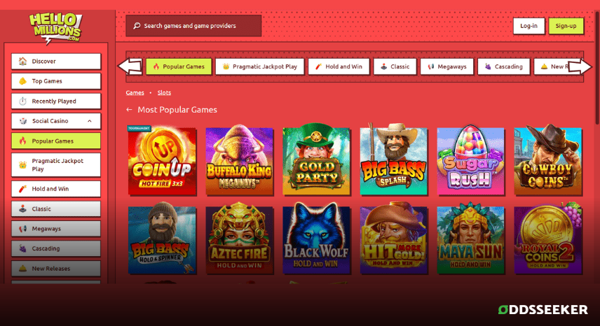 A screenshot of the desktop casino games library page for Hello Millions