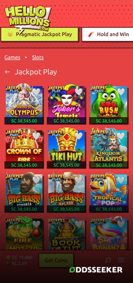 A screenshot of the mobile casino games library page for Hello Millions