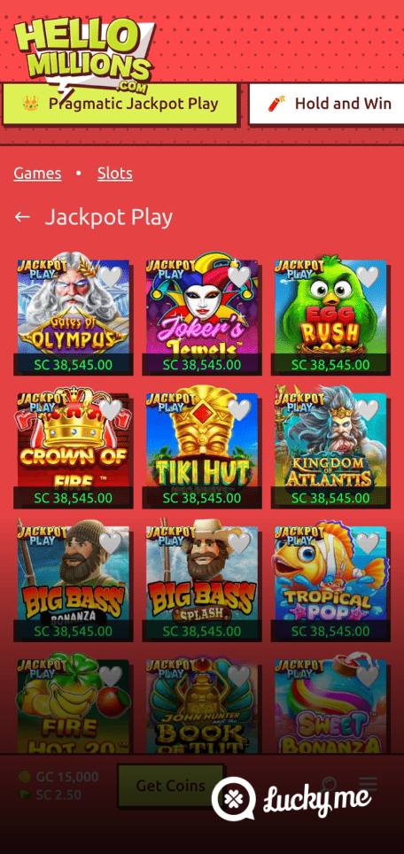 A screenshot of the mobile casino games library page for Hello Millions