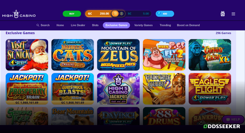 A screenshot of the desktop casino games library page for High 5 Casino