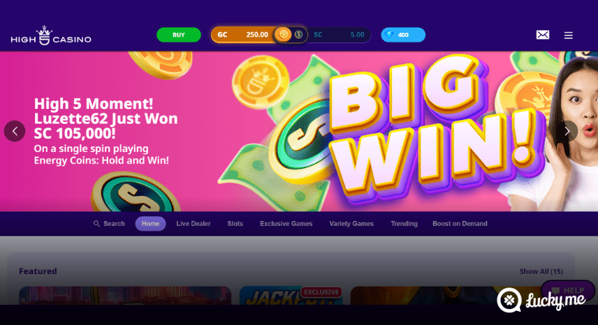 A screenshot of the desktop login page for High 5 Casino