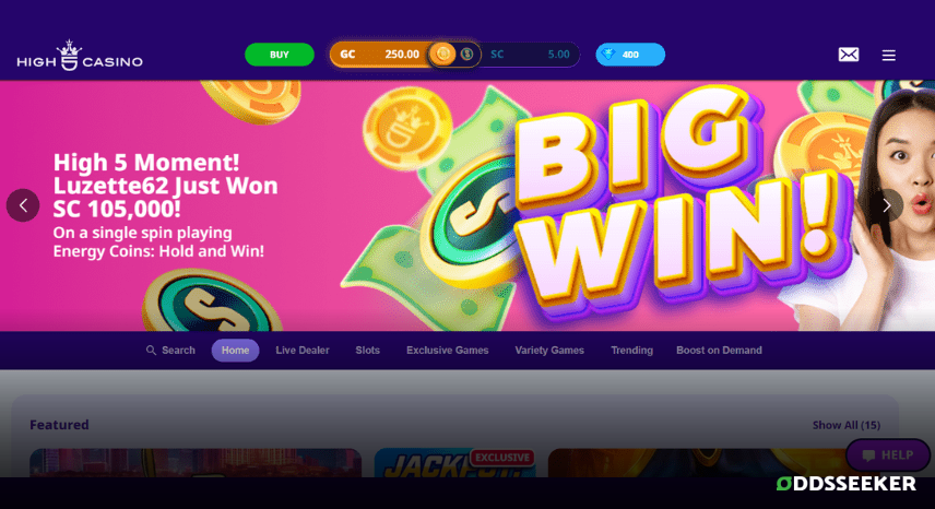 A screenshot of the desktop login page for High 5 Casino