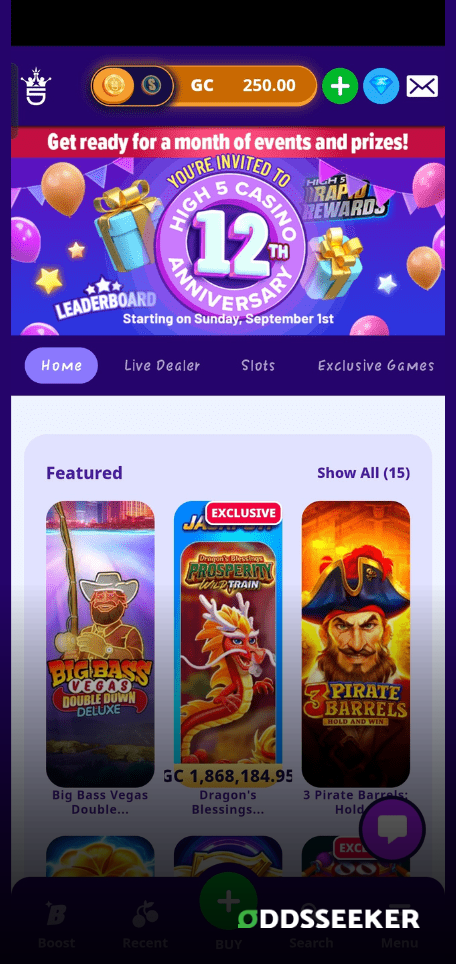 A screenshot of the mobile login page for High 5 Casino