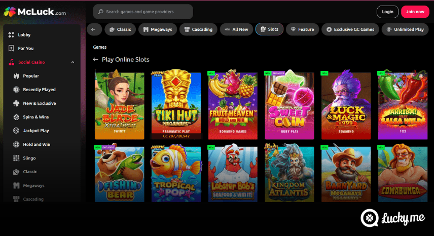 A screenshot of the desktop casino games library page for McLuck Casino