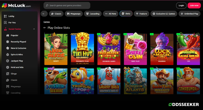 A screenshot of the desktop casino games library page for McLuck Casino