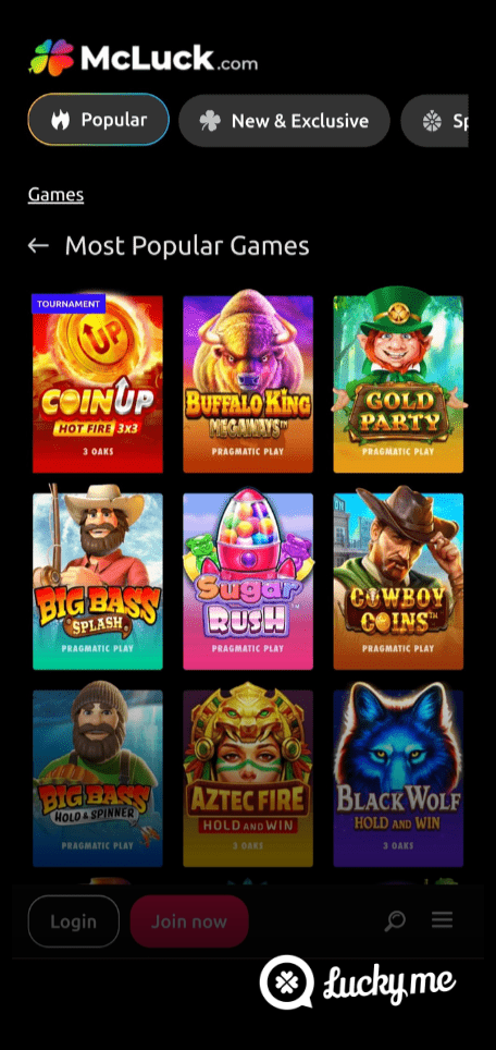 A screenshot of the mobile casino games library page for McLuck Casino