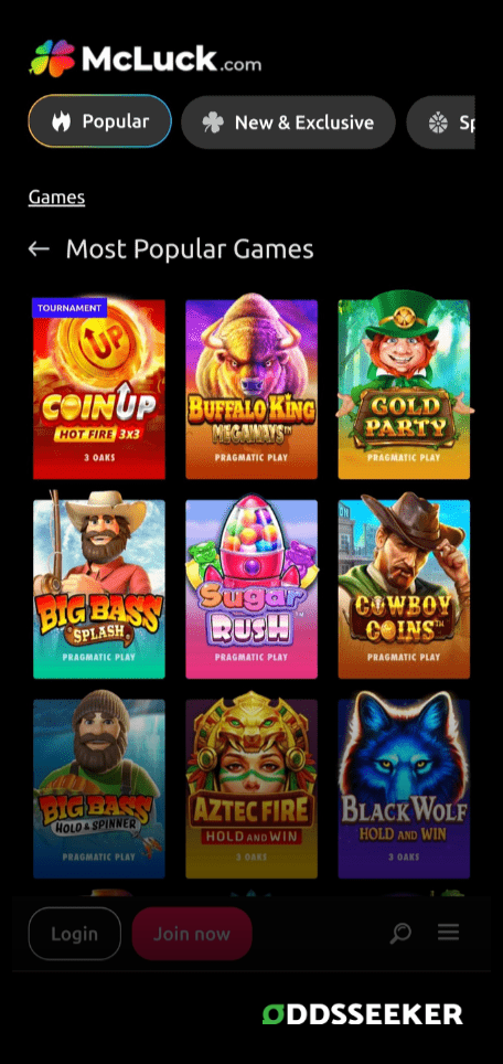 A screenshot of the mobile casino games library page for McLuck Casino