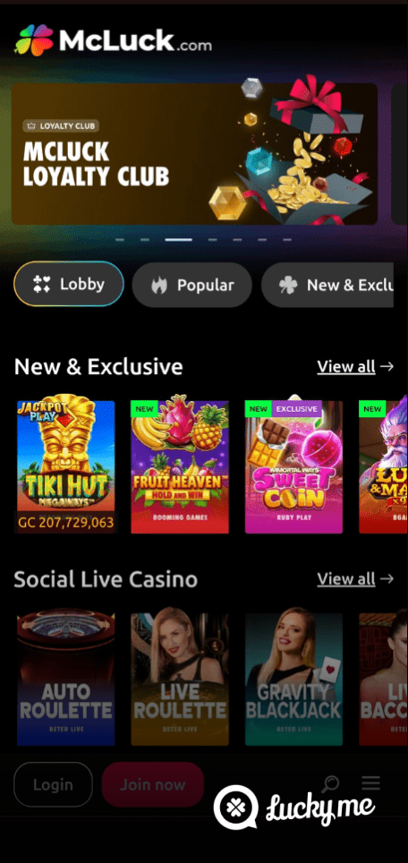 A screenshot of the mobile login page for McLuck Casino