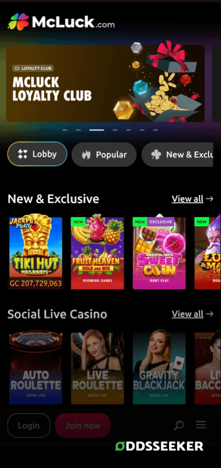 A screenshot of the mobile login page for McLuck Casino