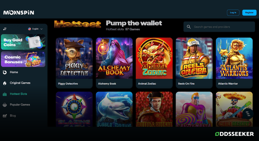 A screenshot of the desktop casino games library page for MoonSpin.us