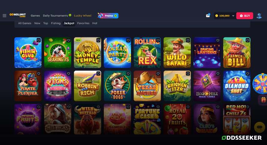 A screenshot of the desktop casino games library page for NoLimitCoins Casino