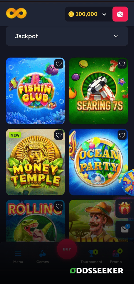 A screenshot of the mobile casino games library page for NoLimitCoins Casino