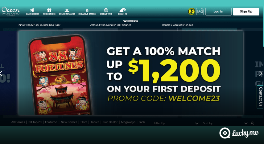 A screenshot of the desktop login page for Ocean Online Casino