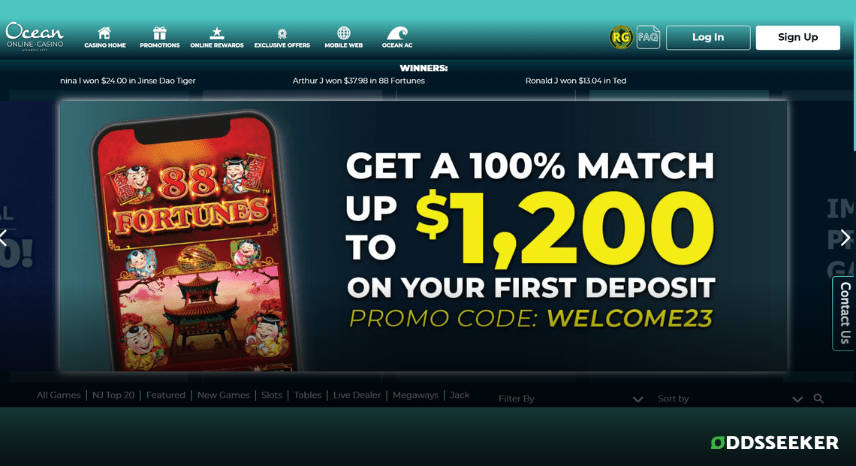 A screenshot of the desktop login page for Ocean Online Casino