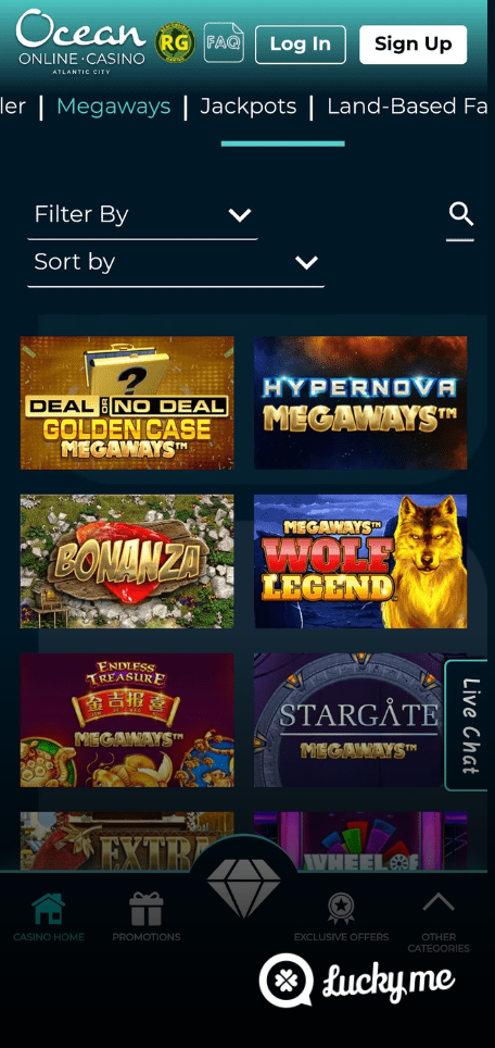 A screenshot of the mobile casino games library page for Ocean Online Casino