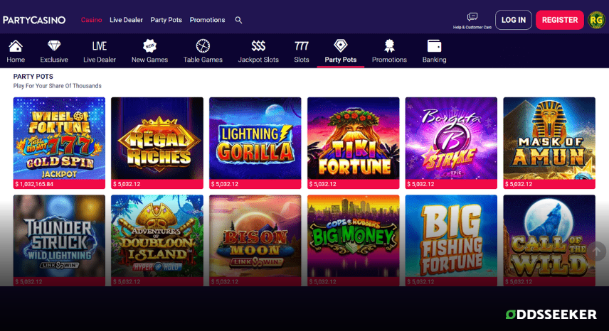 A screenshot of the desktop casino games library page for PartyCasino