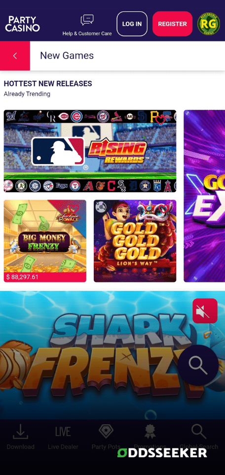 A screenshot of the mobile casino games library page for PartyCasino