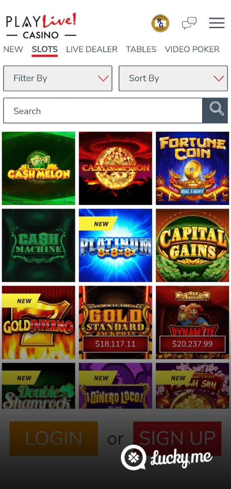 A screenshot of the mobile casino games library page for PlayLive! Casino