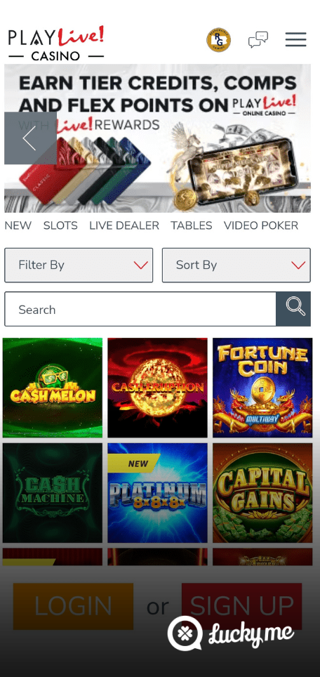 A screenshot of the mobile login page for PlayLive! Casino