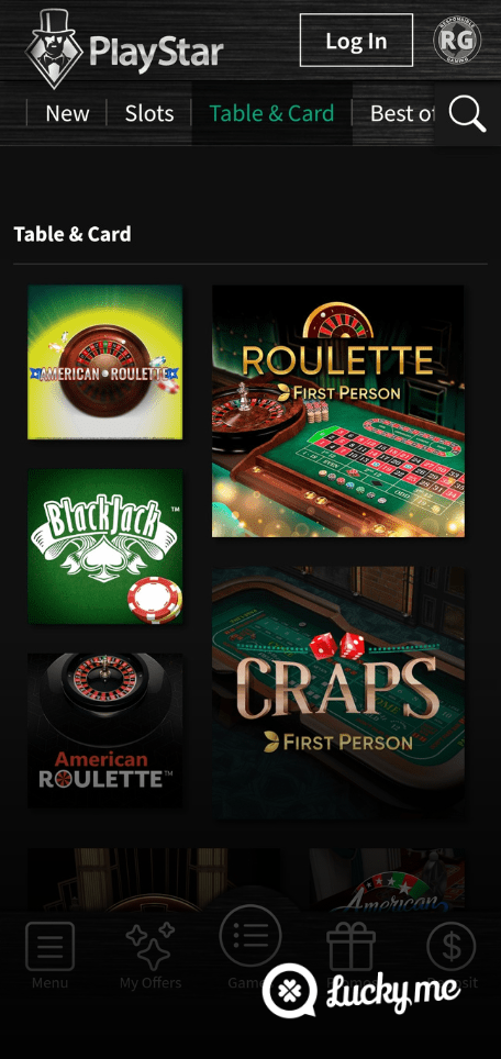 A screenshot of the mobile casino games library page for PlayStar