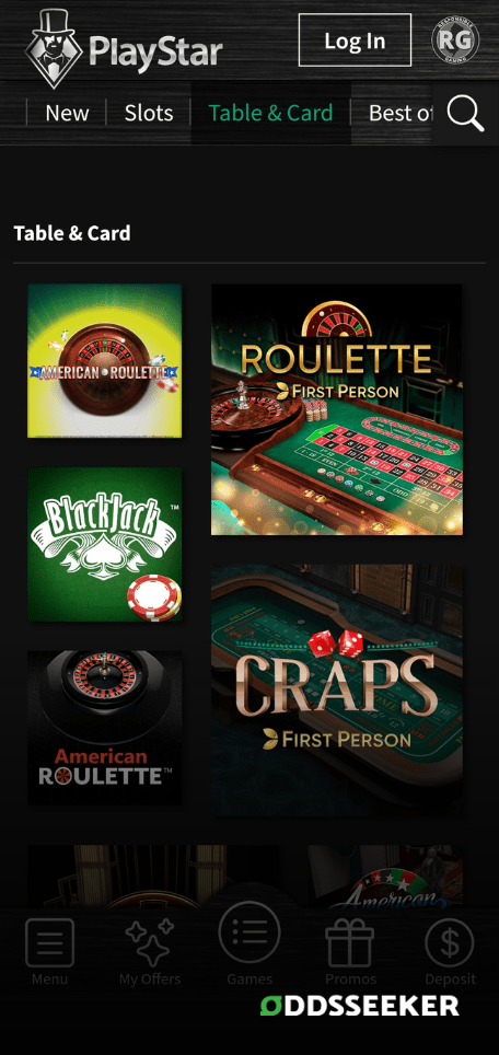 A screenshot of the mobile casino games library page for PlayStar