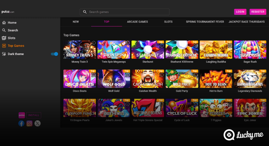 A screenshot of the desktop casino games library page for Pulsz