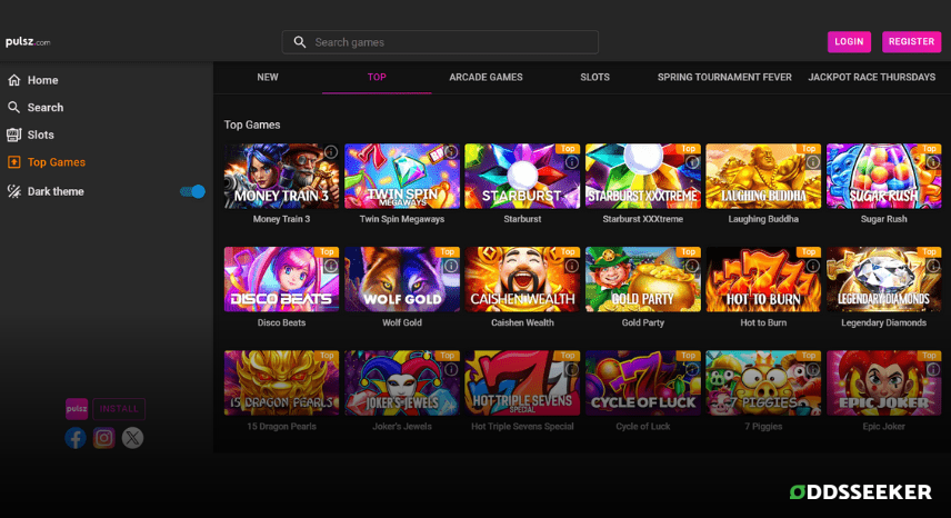 A screenshot of the desktop casino games library page for Pulsz