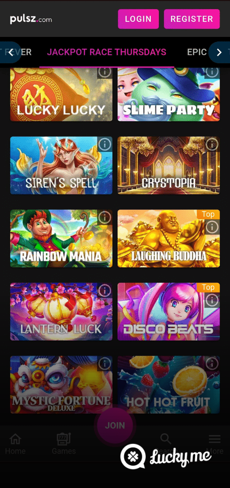 A screenshot of the mobile casino games library page for Pulsz