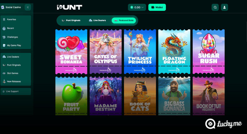 A screenshot of the desktop casino games library page for Punt.com Review