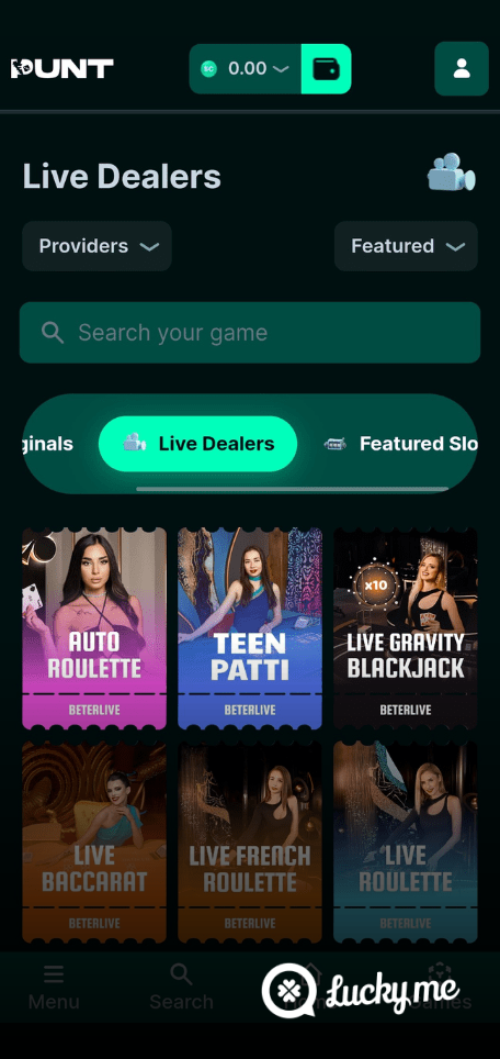 A screenshot of the mobile casino games library page for Punt.com Review