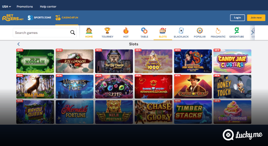 A screenshot of the desktop casino games library page for Rivers Casino4Fun