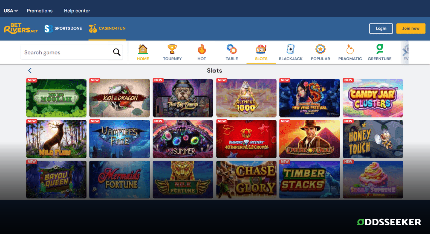 A screenshot of the desktop casino games library page for Rivers Casino4Fun