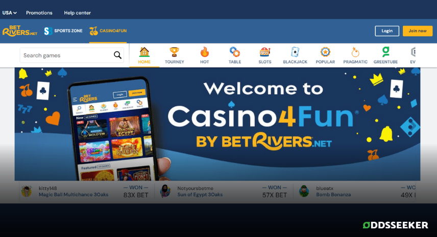 A screenshot of the desktop login page for Rivers Casino4Fun