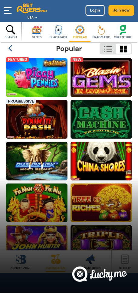 A screenshot of the mobile casino games library page for Rivers Casino4Fun