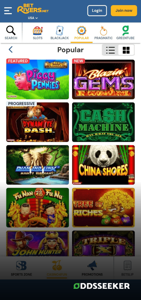 A screenshot of the mobile casino games library page for Rivers Casino4Fun