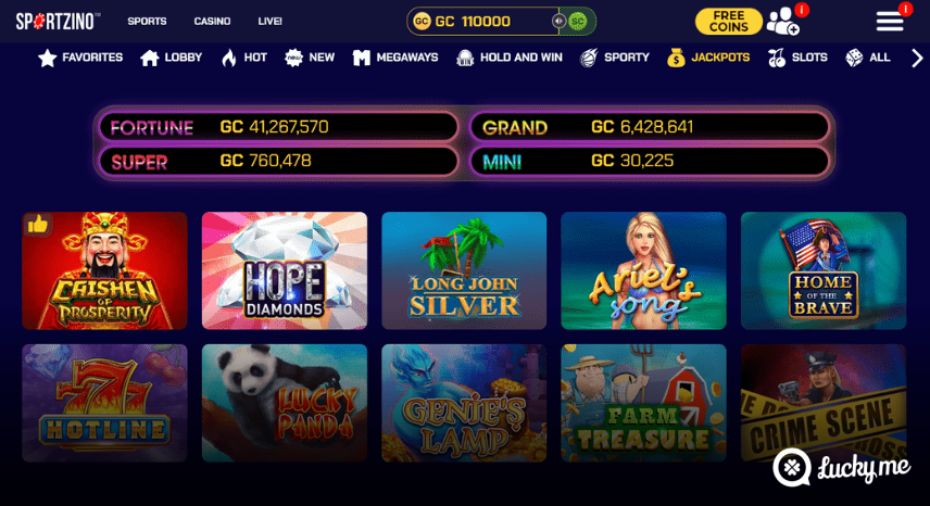 A screenshot of the desktop casino games library page for Sportzino