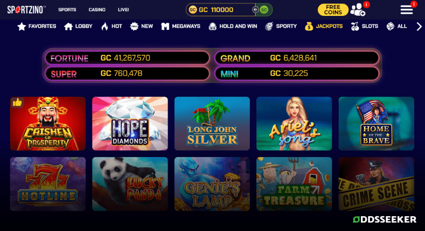 A screenshot of the desktop casino games library page for Sportzino