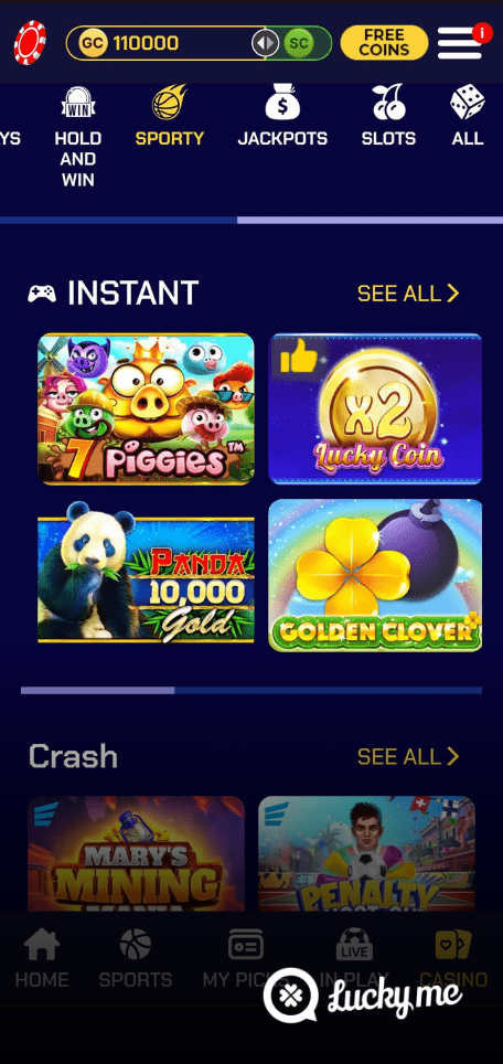 A screenshot of the mobile casino games library page for Sportzino