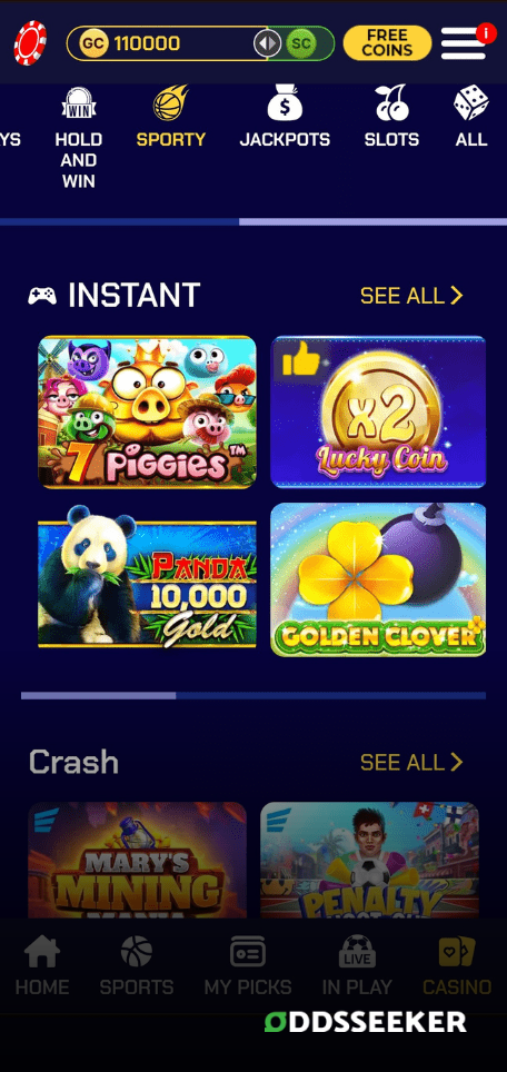 A screenshot of the mobile casino games library page for Sportzino